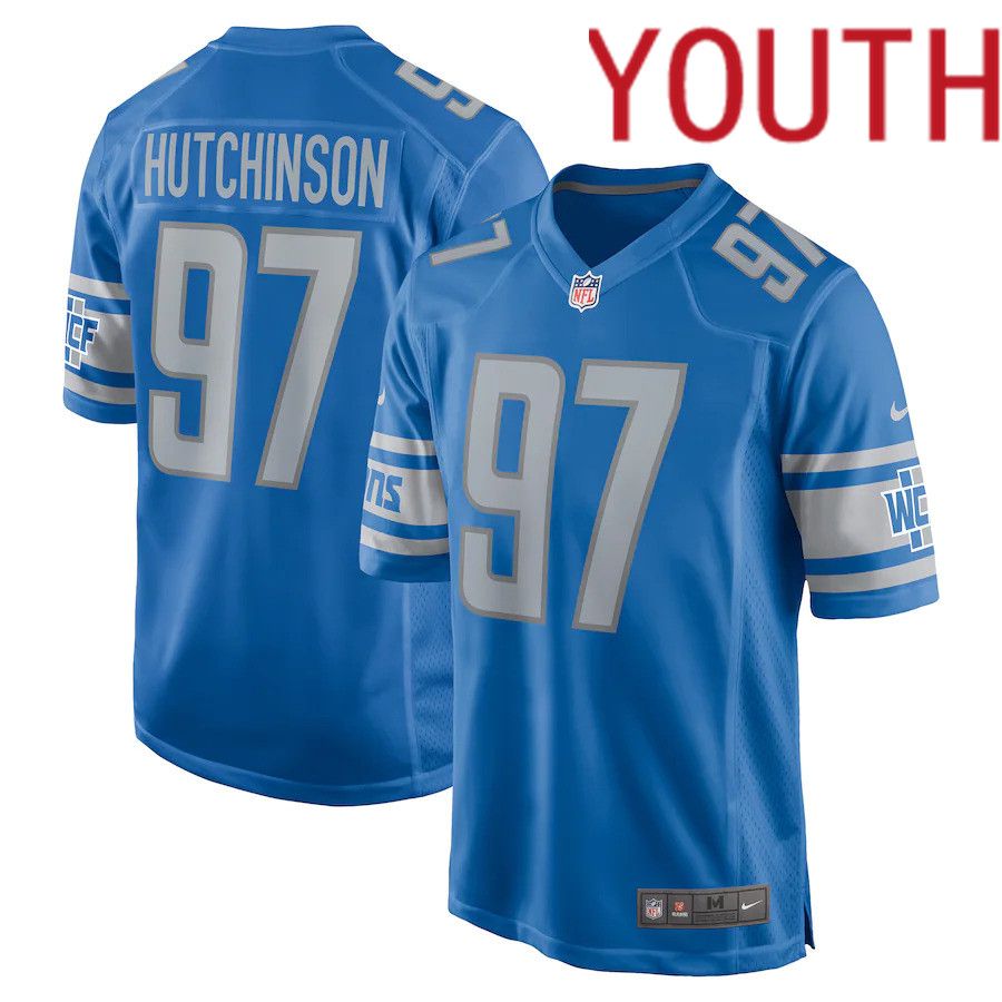 Youth Detroit Lions #97 Aidan Hutchinson Nike Blue 2022 NFL Draft First Round Pick Game Jersey->women nfl jersey->Women Jersey
